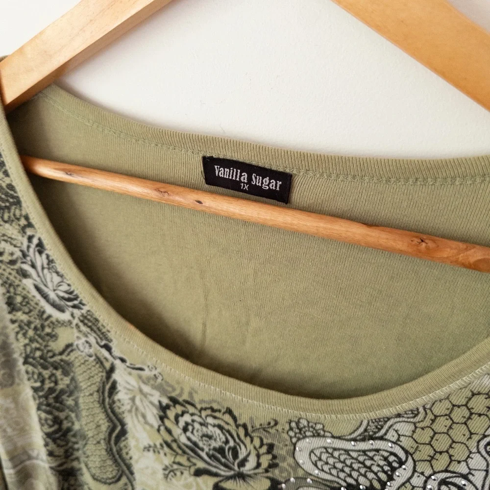 Y2K Green Paisley Rhinestone Top Womens Plus Size‎ 1X Boho Fairy Grunge Romantic - Picture 3 of 8